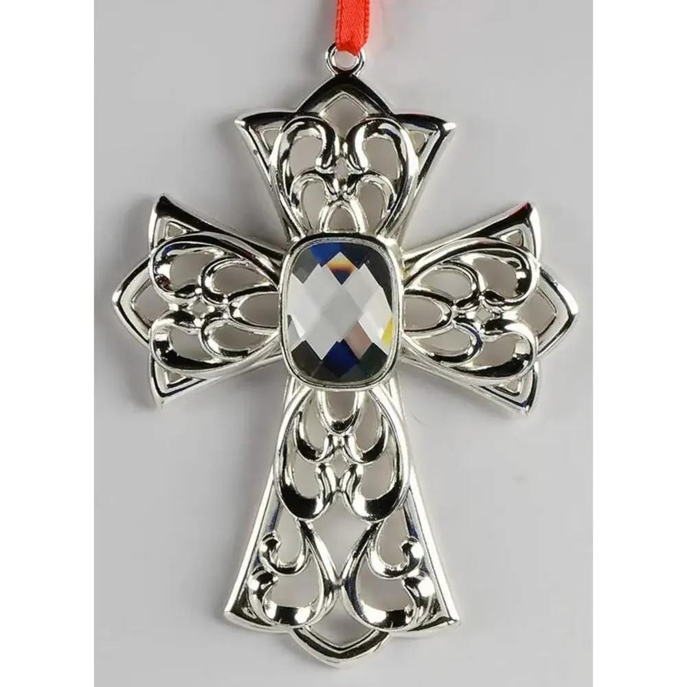 Lenox Gemmed Bejeweled Cross Ornament Crystal Center Silverplate Housewarming